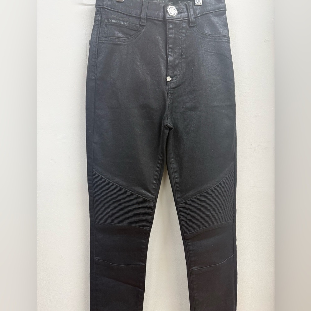 NWOT Philipp Plein Black wax Coated Biker Pants